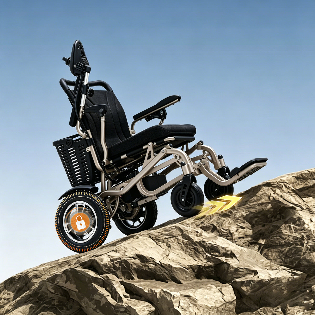 MediHilf Elektrischer Rollstuhl aus Aluminium – faltbar, leicht, Dual-Motor 2×250W